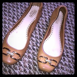 Coach Pollie tan leather buckle ballet flats.